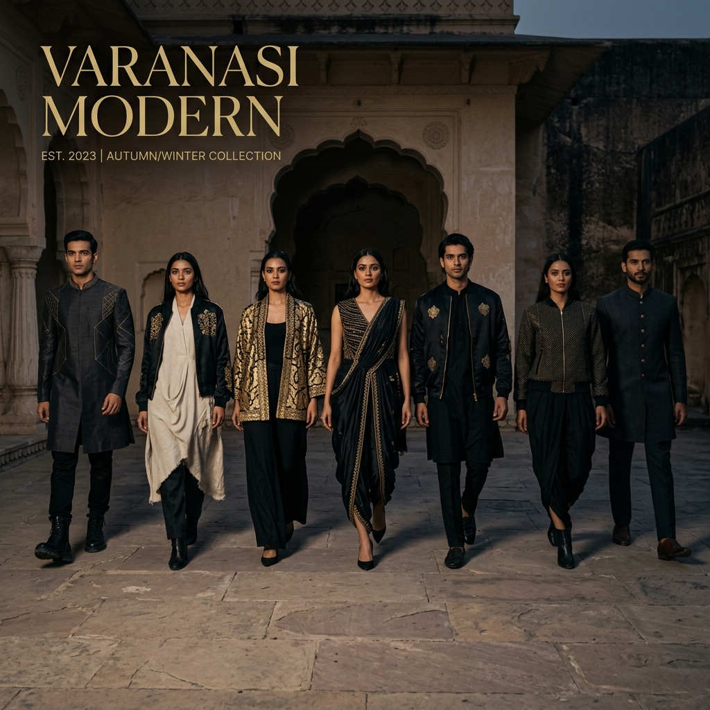 High-fashion editorial banner for a luxury Indian clothing brand.